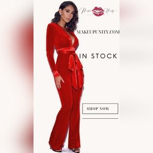 Glorious Red Long Sleeve Velvet Jumpsuit